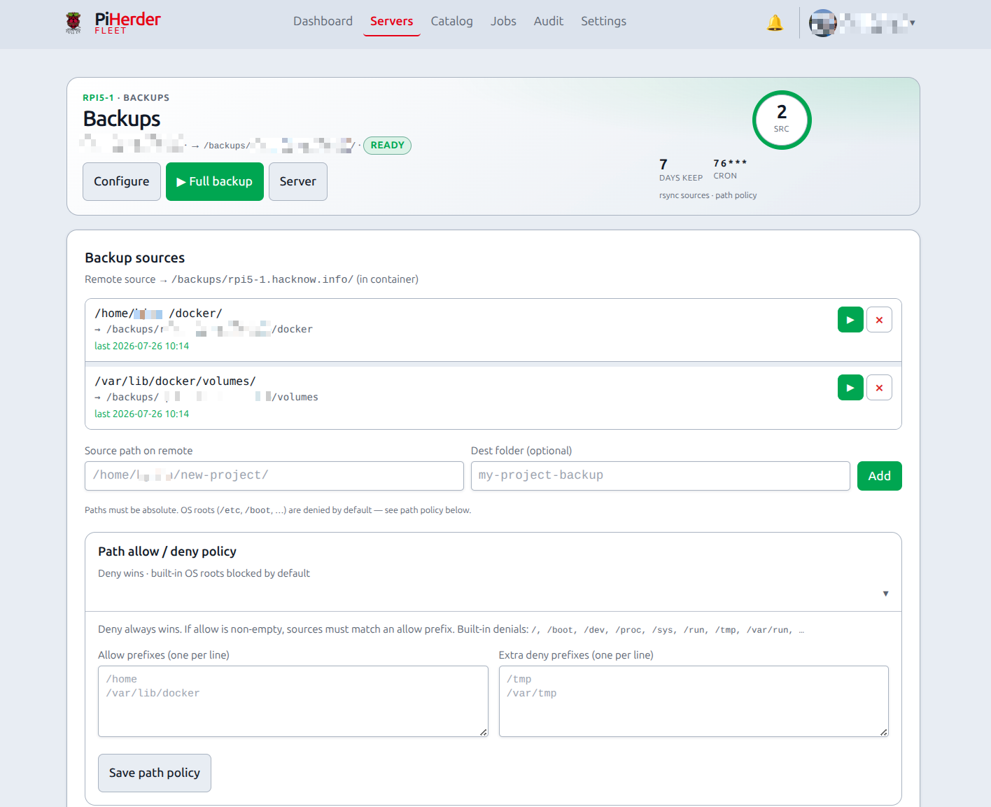 Backups page