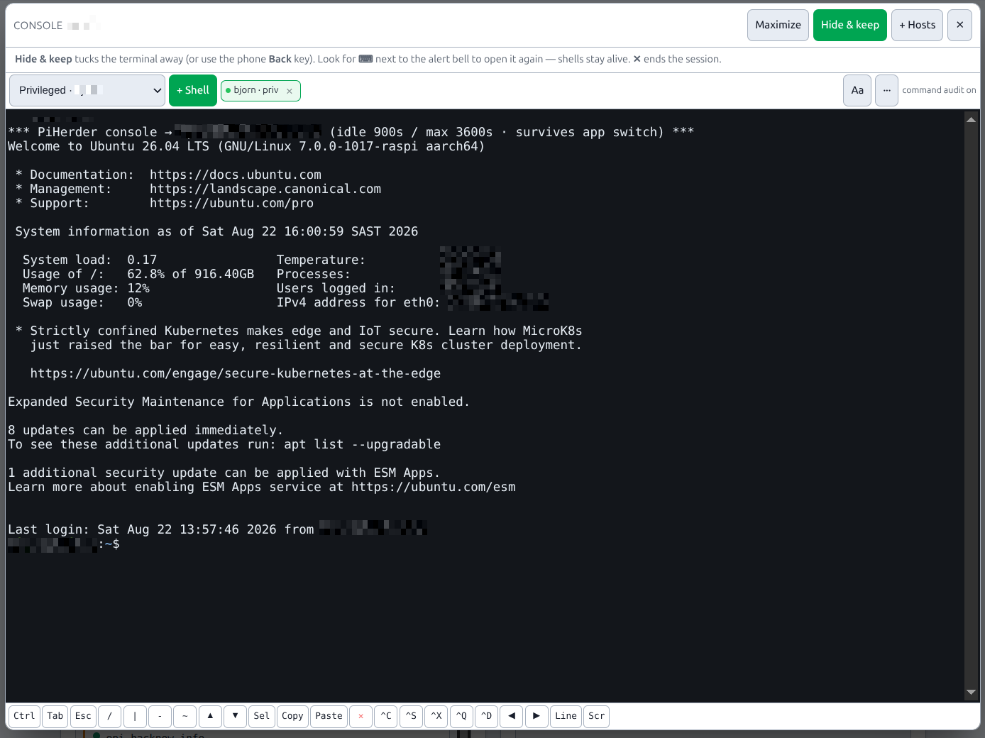 SSH access panel